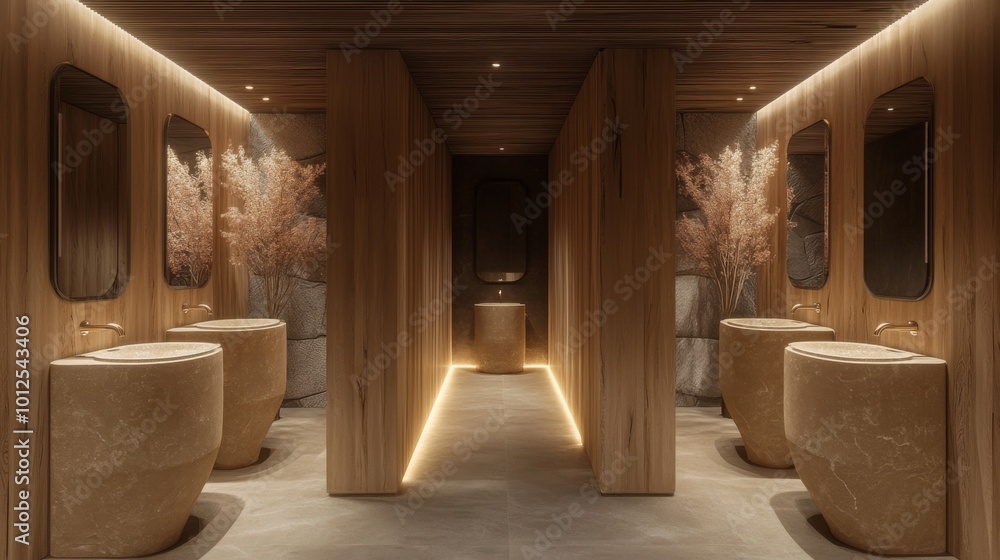 Modern Bathroom Interior with Stone Sinks and Wood Paneling Modern Bathroom Interior with Stone Sinks and Wood Paneling