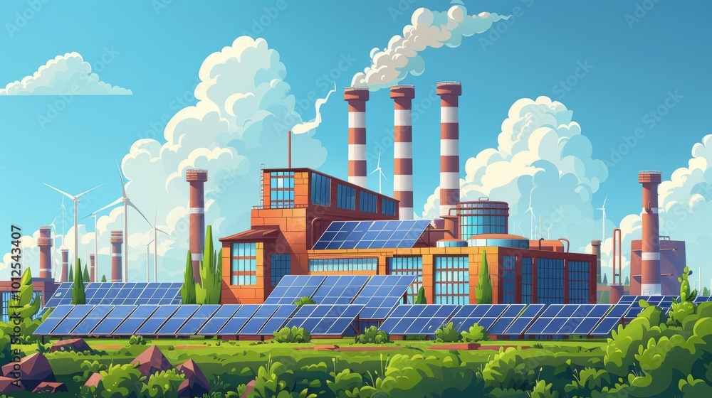 Renewable energy cartoon vector power plant with rooftop solar cells in ...
