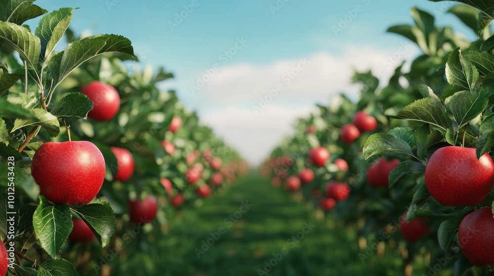 Lush Orchard with Fresh Red Apples Under Clear Sky Lush Orchard with Fresh Red Apples Under Clear Sky
