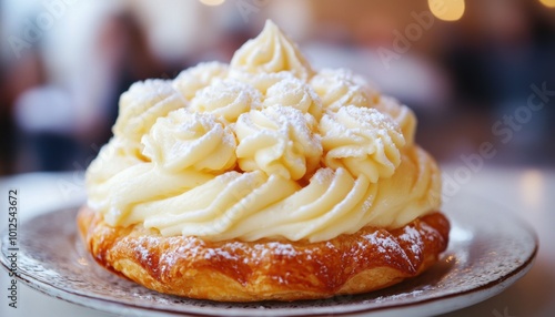 Close-up of a Delicious Homemade Pastry Filled with Creamy Vanilla Custard and Dusted with Powdered Sugar, Served on a Rustic Ceramic Plate, Perfect for a Sweet Treat or Dessert