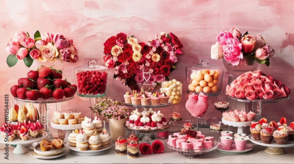 Romantic Dessert Table with Flowers and Treats Romantic Dessert Table with Flowers and Treats