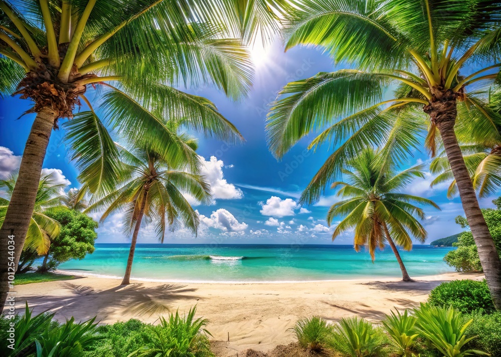 Summer Beach Banner with Palm Trees and Tropical Sea View for Ads and Greeting Cards Summer Beach Banner with Palm Trees and Tropical Sea View for Ads and Greeting Cards