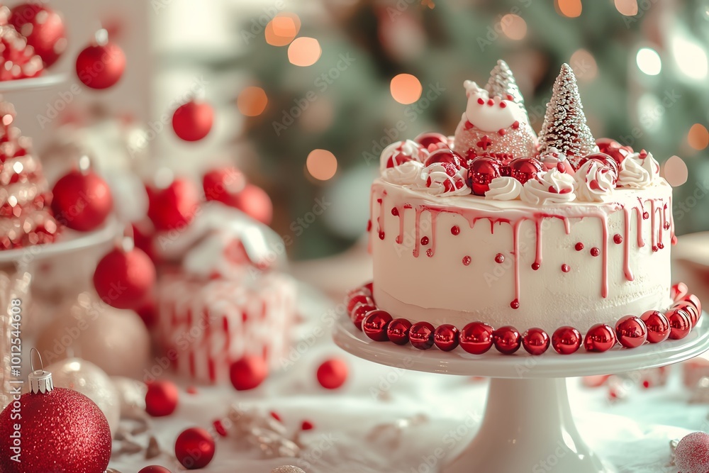Festive cake adorned with red and white decorations, perfect for holiday celebrations and gatherings. Festive cake adorned with red and white decorations, perfect for holiday celebrations and gatherings.