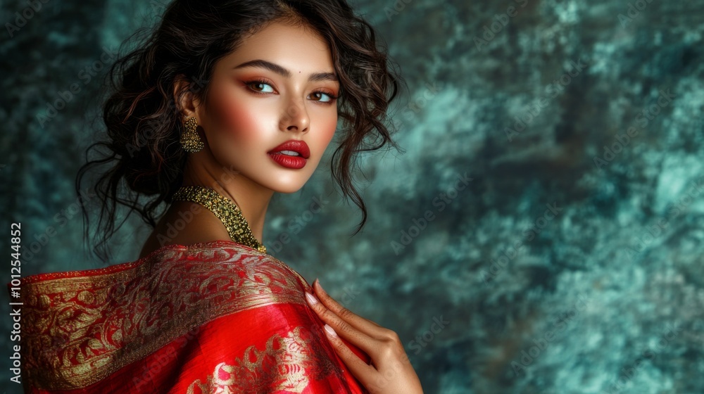 Fototapeta premium Portrait of a Woman in Red Sari with Gold Jewelry