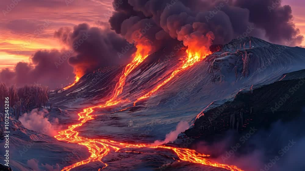 Volcanic eruption at sunset with flowing lava and dramatic clouds Volcanic eruption at sunset with flowing lava and dramatic clouds