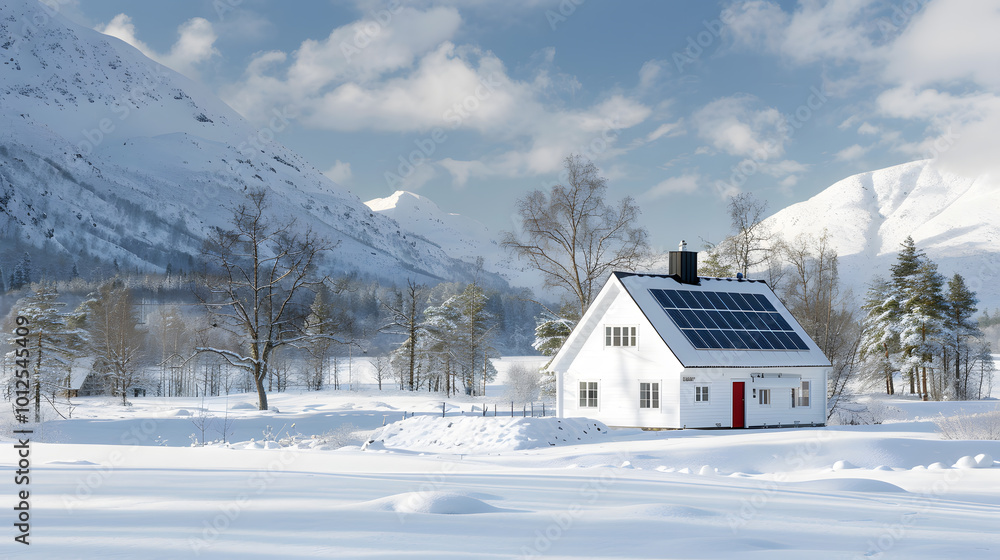 Solar Panels on white house in snowy winter landscape Solar Panels on white house in snowy winter landscape