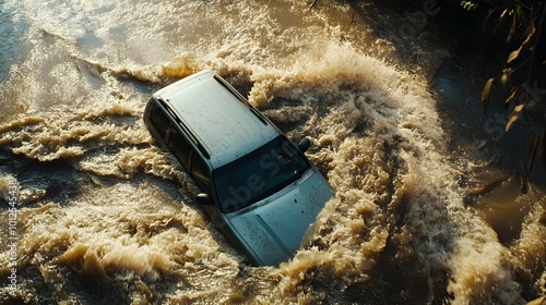 A tense scene of a vehicle stuck in rising floodwaters on a road, surrounded by swift currents as the flood threatens to submerge the car, emphasizing the perilous situation.  photo