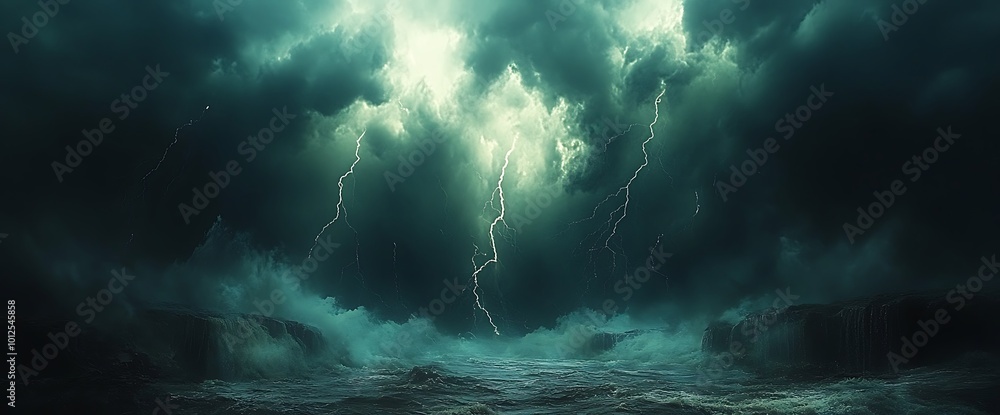 Dramatic lightning strikes over a stormy sea with dark clouds. Dramatic lightning strikes over a stormy sea with dark clouds.