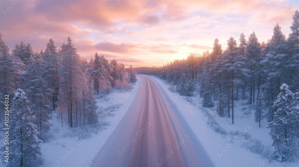 Snowy Road Through a Forest at Sunset Snowy Road Through a Forest at Sunset
