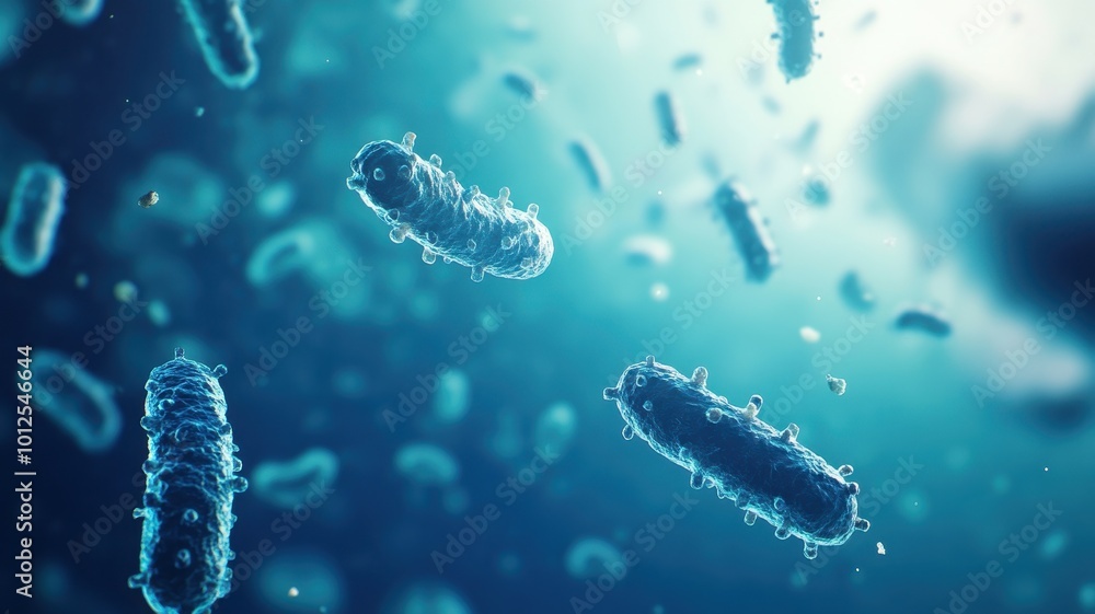 A blue background with a few bacteria floating in the air, with some cells moving around inside them. A blue background with a few bacteria floating in the air, with some cells moving around inside them.