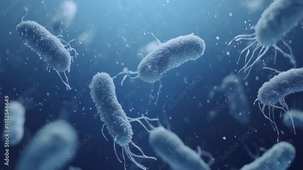 A blue background with a close-up of bacteria floating in the air, rendered using Octane Render for realism and detail. A blue background with a close-up of bacteria floating in the air, rendered using Octane Render for realism and detail.