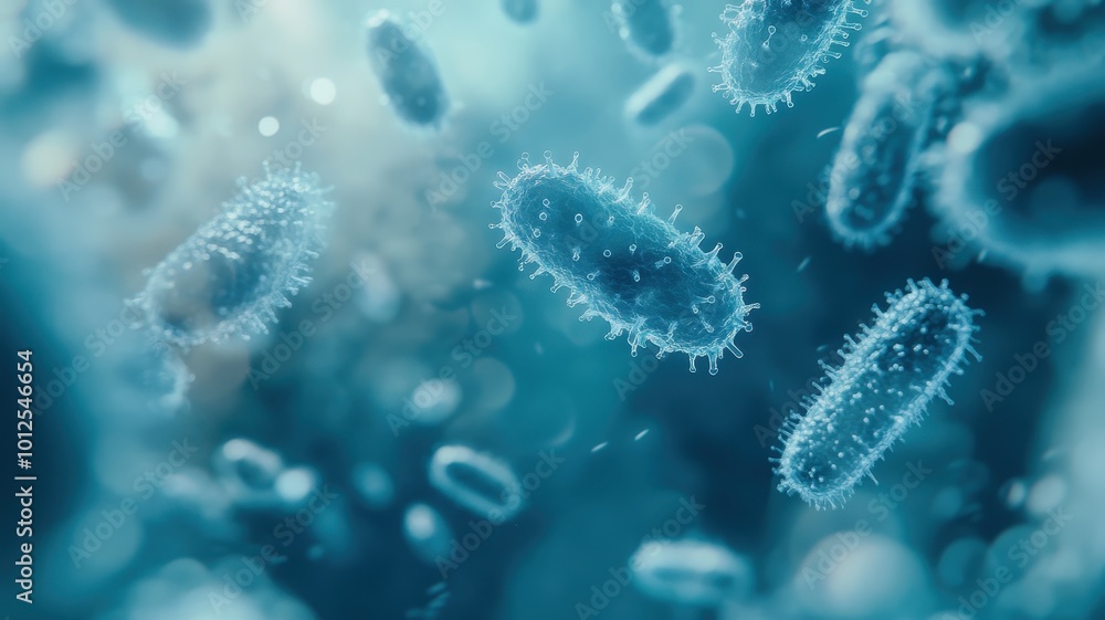 A close-up of bacteria, seen in a blue color with white patterns on the surface, moving around inside an environment that resembles water A close-up of bacteria, seen in a blue color with white patterns on the surface, moving around inside an environment that resembles water