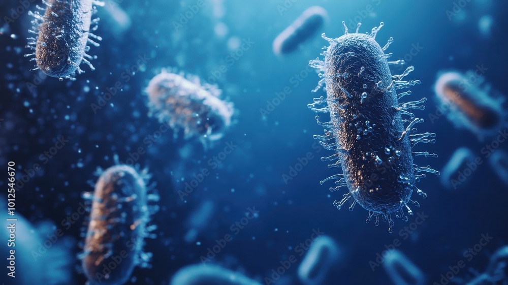 A blue background with a few bacteria floating in the air, with some cells moving around inside them. A blue background with a few bacteria floating in the air, with some cells moving around inside them.
