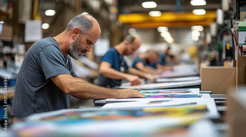 A focused worker meticulously performs printing tasks in an industrial factory setting, emphasizing dedication and attention to detail in a professional environment. A focused worker meticulously performs printing tasks in an industrial factory setting, emphasizing dedication and attention to detail in a professional environment.
