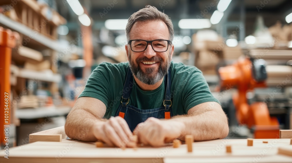 A bearded craftsman smiles warmly while leaning on a workshop table filled with wooden blocks, representing pride in work and artisanal dedication. A bearded craftsman smiles warmly while leaning on a workshop table filled with wooden blocks, representing pride in work and artisanal dedication.