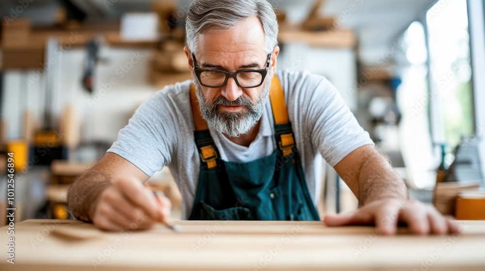 A middle-aged craftsman with glasses carefully working on a wooden piece in his workshop, showcasing concentration and skill in a sunlit environment. A middle-aged craftsman with glasses carefully working on a wooden piece in his workshop, showcasing concentration and skill in a sunlit environment.