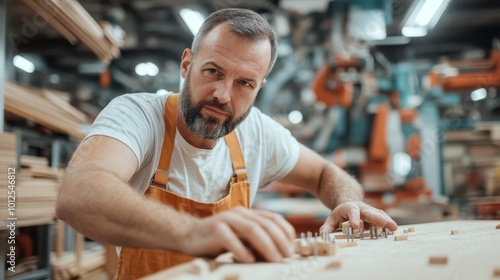 An artisan wearing an orange apron carefully aligns wooden elements in a workshop, emphasizing attention to detail and dedication to the craft of woodworking.