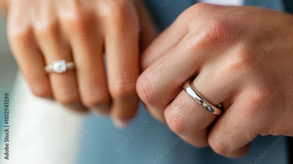 A detailed close-up of a couple's hands, highlighting the exquisite craftsmanship and design of their wedding rings, embodies enchantment and timelessness. A detailed close-up of a couple's hands, highlighting the exquisite craftsmanship and design of their wedding rings, embodies enchantment and timelessness.