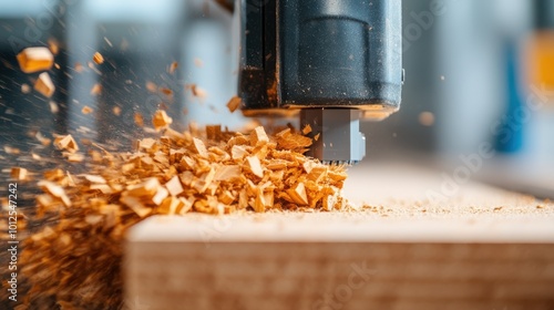 The image captures a power tool in action, precisely cutting through wood, with wood particles being dramatically scattered into the air, signifying dynamic craftsmanship. photo