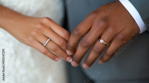 The bride and groom's hands are shown side by side, each wearing a wedding ring, symbolizing unity and eternal love on their special wedding day.