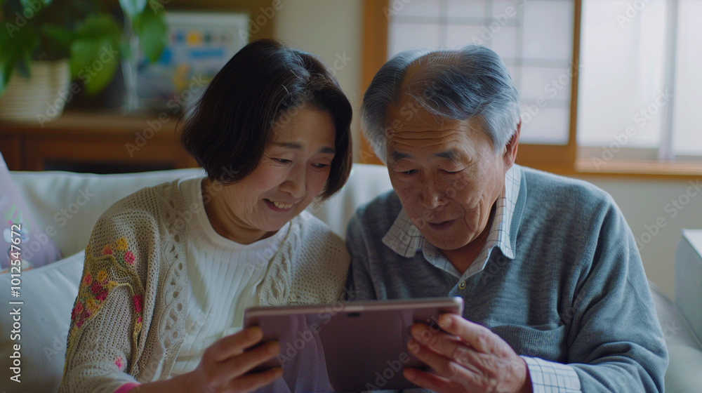An elderly couple smiling on the living room sofa with a tablet in their hands. An elderly couple smiling on the living room sofa with a tablet in their hands.