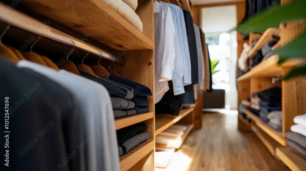 An expansive, sunlit walk-in closet is filled with neatly arranged garments on wooden shelves creating a luxurious setting that emphasizes style and organization. An expansive, sunlit walk-in closet is filled with neatly arranged garments on wooden shelves creating a luxurious setting that emphasizes style and organization.