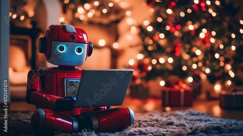 A festive robot using a laptop in a cozy holiday setting.