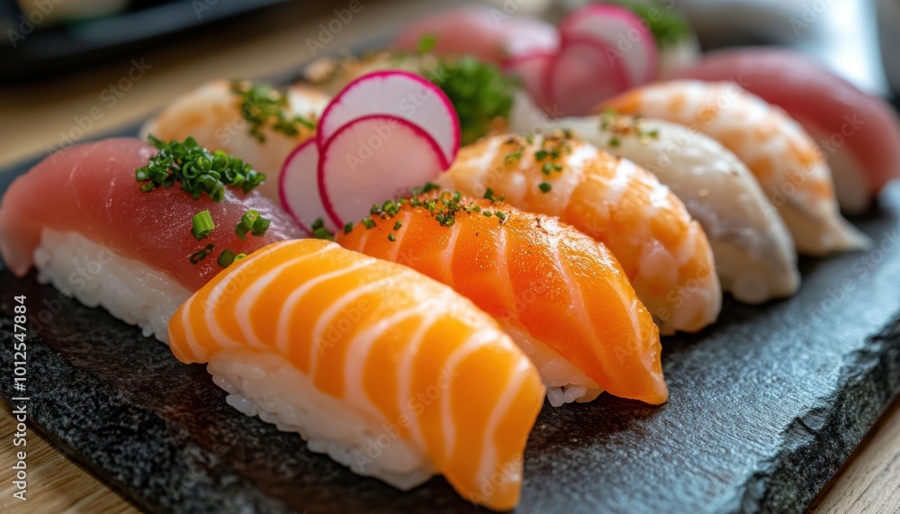 Delicious Sushi Nigiri Assortment on Slate Plate with Artistic Garnish of Radish Flowers and Microgreens, a Culinary Masterpiece Delicious Sushi Nigiri Assortment on Slate Plate with Artistic Garnish of Radish Flowers and Microgreens, a Culinary Masterpiece