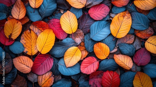 A scene of different colored autumn leaves scattered randomly on the ground, with no clear arrangement, showcasing natural beauty