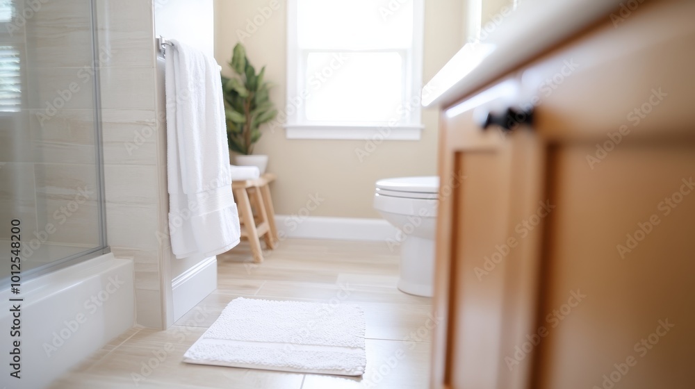 A well-lit bathroom showcases wooden cabinets, a neatly placed set of white towels, a plant in the corner, and sunlight streaming through the window. A well-lit bathroom showcases wooden cabinets, a neatly placed set of white towels, a plant in the corner, and sunlight streaming through the window.