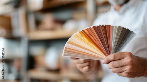 A person stands in a woodshop holding a fan of colorful paint swatches, representing a wide range of hues from warm to cool, helpful for design choices.