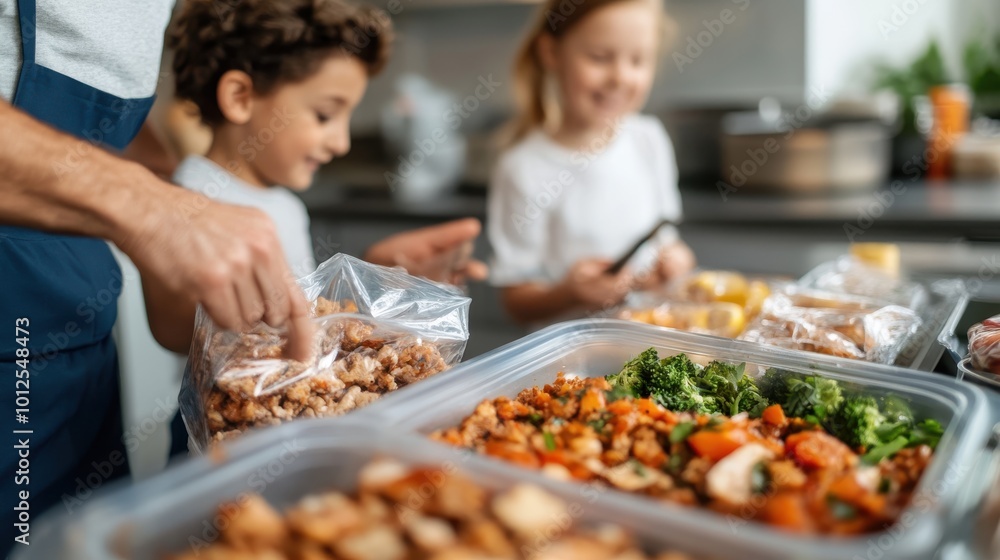 In a bustling kitchen, adults and children collaborate to pack meals, highlighting themes of community service, teamwork, and sharing within a lively environment. In a bustling kitchen, adults and children collaborate to pack meals, highlighting themes of community service, teamwork, and sharing within a lively environment.
