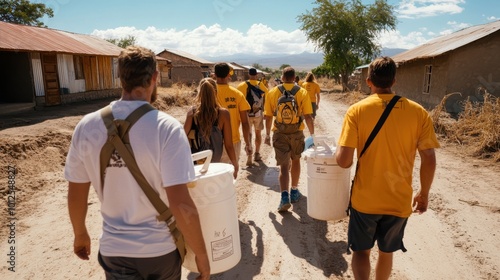 Volunteers walking down a rural road, carrying important supplies in large buckets as part of a humanitarian mission, showcasing care and community support efforts. photo