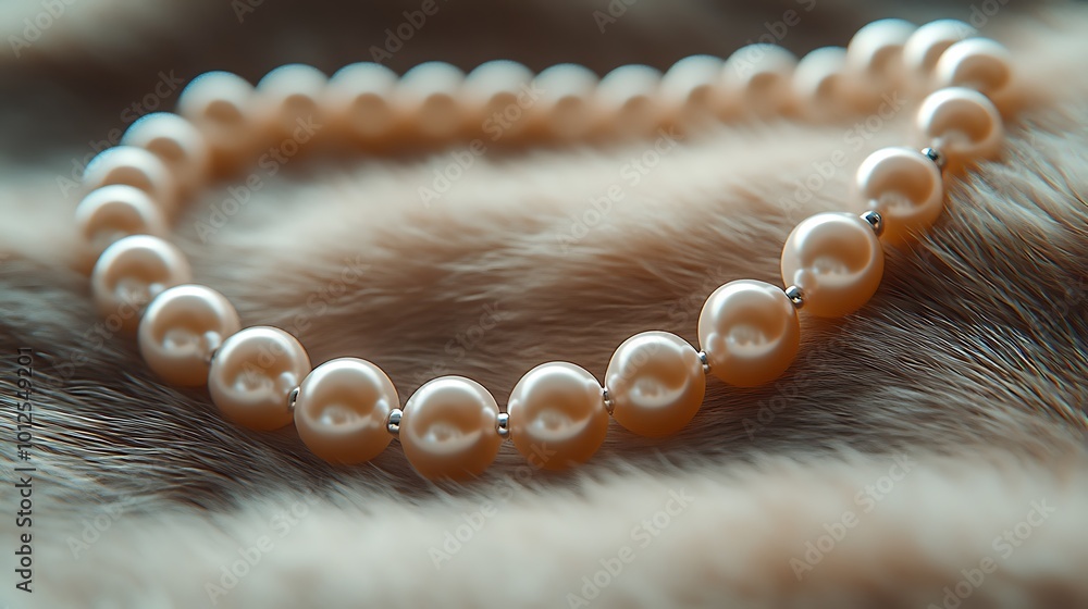 A close-up shot of a pearl necklace laying on a fuzzy surface. A close-up shot of a pearl necklace laying on a fuzzy surface.