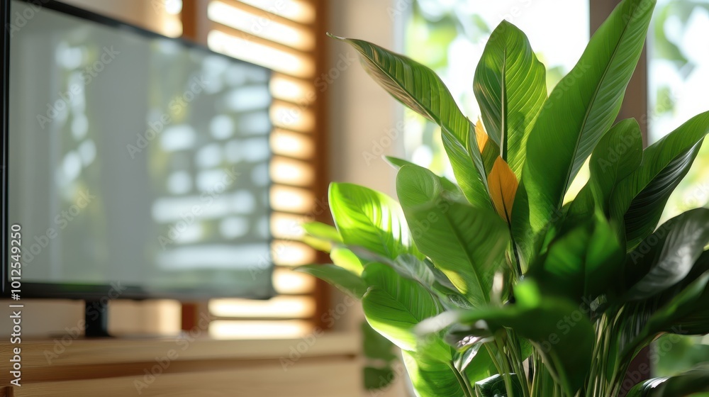 Vivid green plants bask in sunlight near a window, alongside a blurred TV screen in a cozy indoor space, capturing a blend of nature and modern lifestyle elements. Vivid green plants bask in sunlight near a window, alongside a blurred TV screen in a cozy indoor space, capturing a blend of nature and modern lifestyle elements.