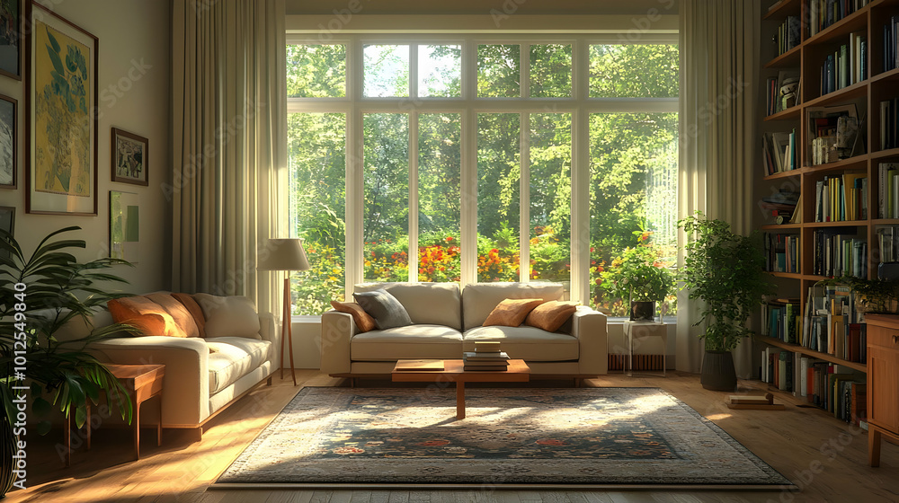 Fototapeta premium Sunlit Living Room with Large Window and Bookshelf - 3D Illustration