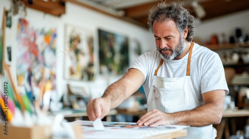 A male artist deeply focused on painting in his bright, colorful studio, surrounded by various art supplies and displaying his creative process.