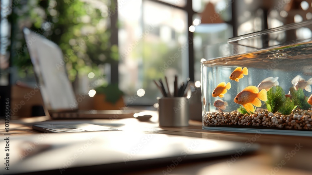 A serene aquarium with vibrant goldfish sits beside a modern workspace, capturing a tranquil blend of nature and technology amidst soft sunlight and green plants. A serene aquarium with vibrant goldfish sits beside a modern workspace, capturing a tranquil blend of nature and technology amidst soft sunlight and green plants.