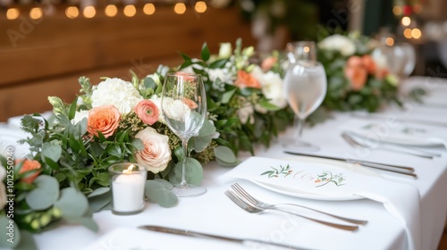 A beautifully arranged wedding table with floral centerpiece, neatly arranged cutlery, and gentle candlelight creating a romantic and elegant atmosphere.