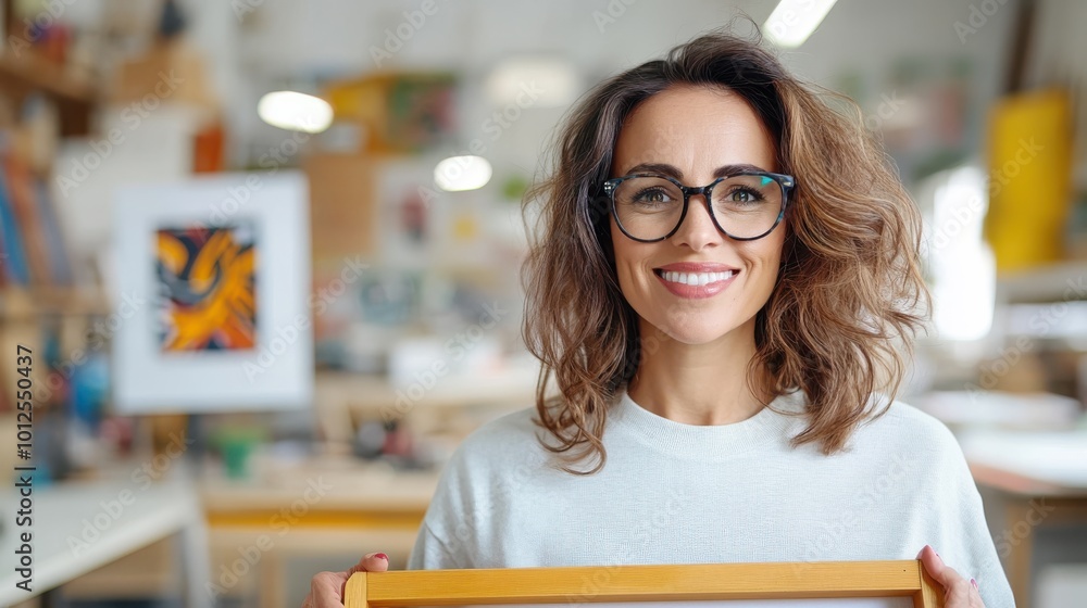 An artist smiling and holding her painting in a bright studio filled with creative energy and artworks, representing passion, creativity, and expression in art. An artist smiling and holding her painting in a bright studio filled with creative energy and artworks, representing passion, creativity, and expression in art.