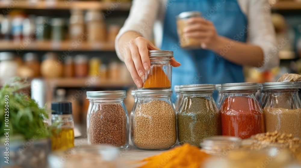Various jars of spices are neatly organized on shelves in a cozy store, showcasing diversity in flavors and culinary possibilities within an aromatic ambiance. Various jars of spices are neatly organized on shelves in a cozy store, showcasing diversity in flavors and culinary possibilities within an aromatic ambiance.