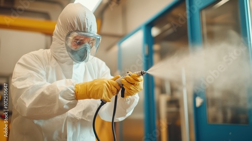 A professional wearing a full protective suit, goggles, and mask operates spray equipment inside a facility, ensuring safety and precision in a controlled environment. photo