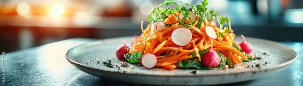 Organic Greens and Shaved Carrot Salad with Radishes, Deconstructed and Served in Abstract Forms on a Large Ceramic Plate, a Modern Take on a Classic Salad Organic Greens and Shaved Carrot Salad with Radishes, Deconstructed and Served in Abstract Forms on a Large Ceramic Plate, a Modern Take on a Classic Salad