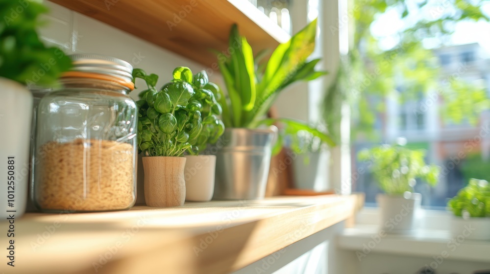 A sunlit kitchen shelf is decorated with small potted plants and a glass jar containing grains, reflecting a cozy, eco-friendly style with natural light streaming through. A sunlit kitchen shelf is decorated with small potted plants and a glass jar containing grains, reflecting a cozy, eco-friendly style with natural light streaming through.