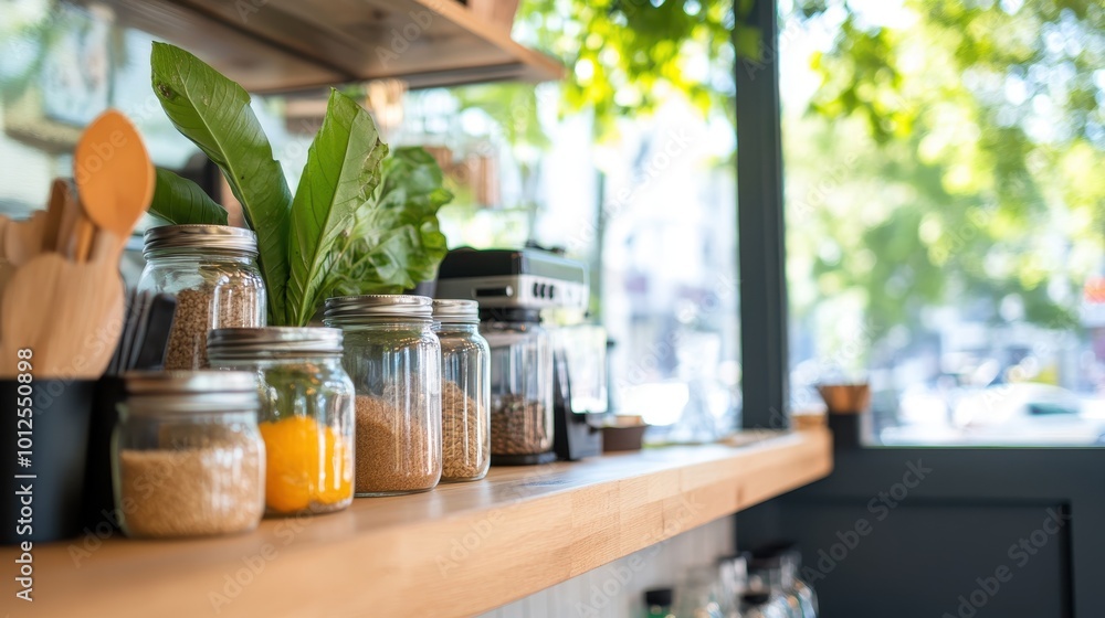 Glass jars filled with various spices and fresh herbs like basil and lettuce are neatly arranged on a wooden counter. Pieces of cooking utensils are visible in the modern cafe. Glass jars filled with various spices and fresh herbs like basil and lettuce are neatly arranged on a wooden counter. Pieces of cooking utensils are visible in the modern cafe.