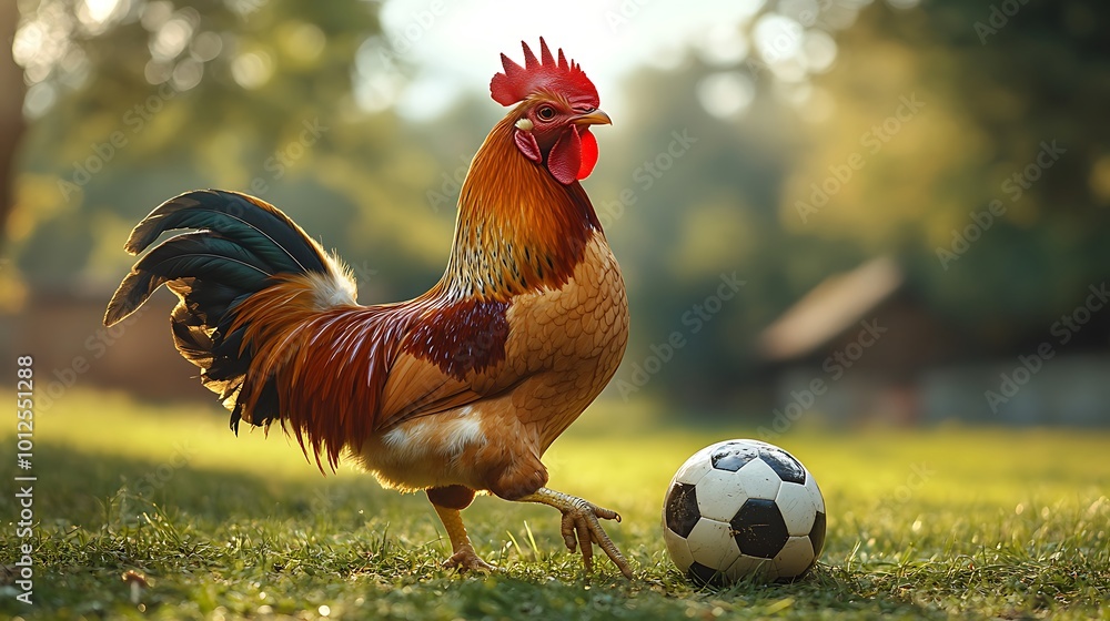 Fototapeta premium A rooster stands proudly next to a soccer ball in a green field.