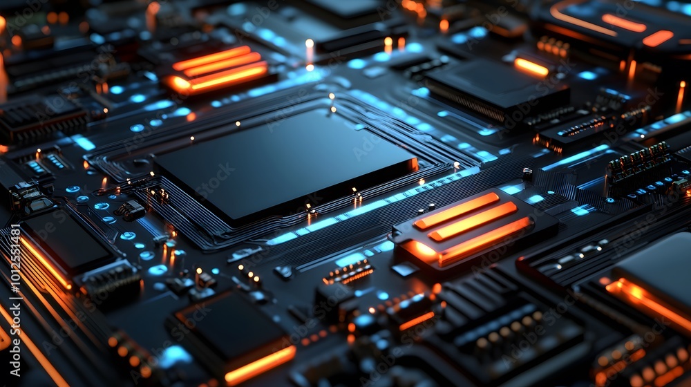 Close-up of a circuit board with glowing components and connections. Close-up of a circuit board with glowing components and connections.