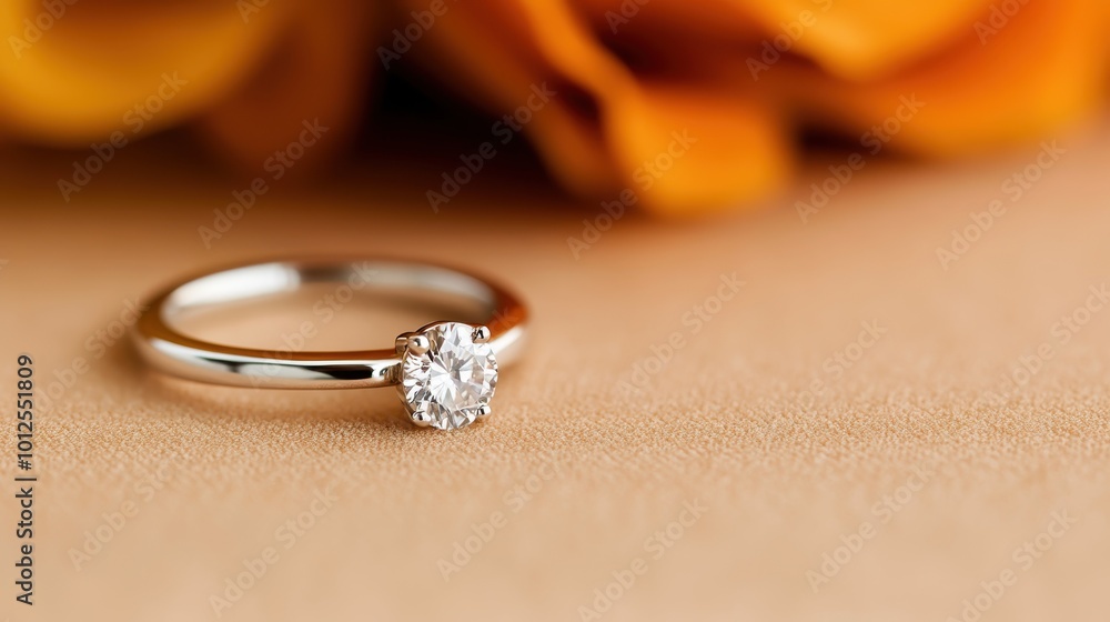 A stunning diamond ring displayed on a soft beige surface, beautifully contrasted by an out-of-focus orange backdrop, evoking elegance and purity. A stunning diamond ring displayed on a soft beige surface, beautifully contrasted by an out-of-focus orange backdrop, evoking elegance and purity.