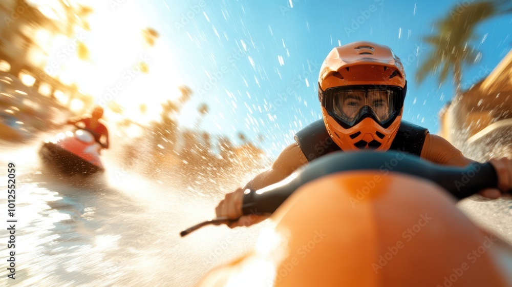 A jet ski rider in orange gear races across splashing water under a bright blue sky, capturing thrill, freedom, and refreshing energy in a sunny aquatic scene. A jet ski rider in orange gear races across splashing water under a bright blue sky, capturing thrill, freedom, and refreshing energy in a sunny aquatic scene.