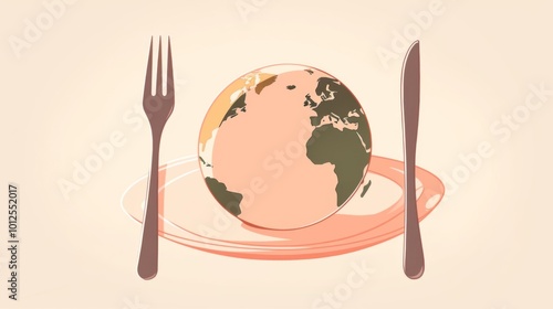 A globe on a plate with a fork and knife on a light background, a World Food Day wallpaper concept  
ChatGPT said:
ChatGPT
 photo